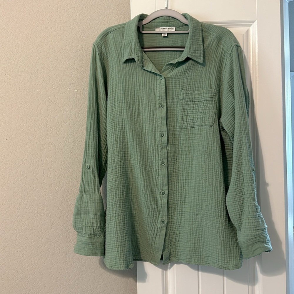 Anne Klein Women's Lightweight Cotton Gauze Top Button Front Shirt- Green